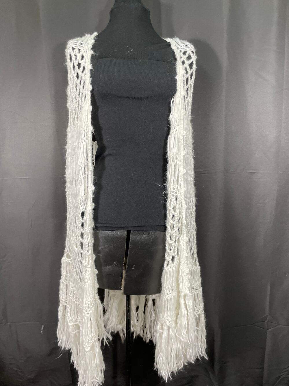 Vintage 60's White Handmade Bohemian Crochet Long Shawl Fringe Poncho Unique